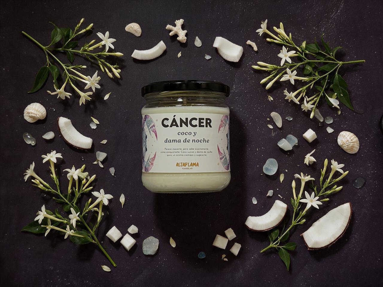 cancer vela soja artesana coco y dama de noche signos astrales zodiaco Cáncer - Coco y Dama de noche (260gr)
