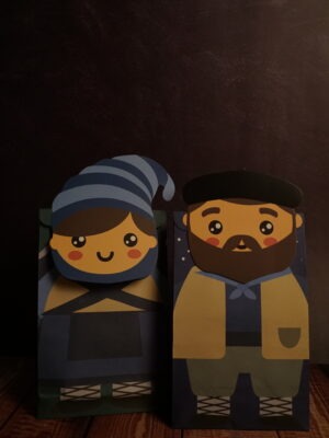 Opari-poltsa – Olentzero, Mari Domingi eta astoa | Bolsas de papel de regalo – Olentzero, Mari Domingi y Burro